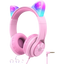 iClever HS20 Cat Ear Led Light Up Wired Kids Headphones with Microphone, Pink
