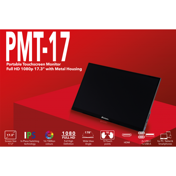 Monitor Led Portatil 17.3 Pulgadas Verbatim Ips - Fhd - Hdmi - Usb Tipo C - 30hz - 6ms