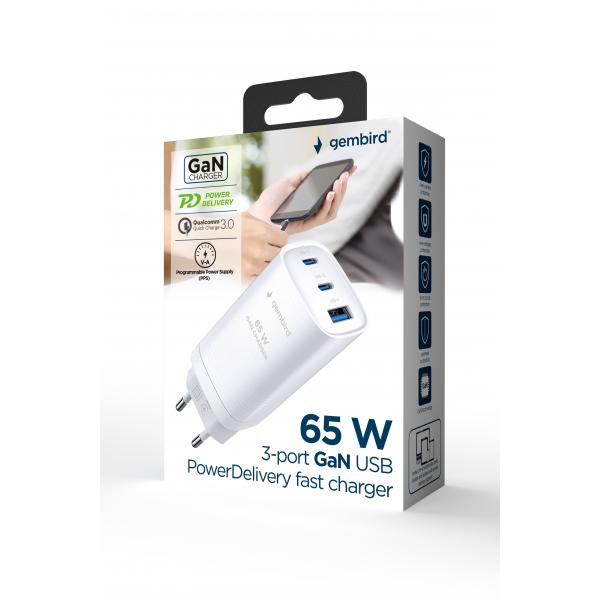 Cargador Rapido Usb Gembird Power Delivery Gan De 3 Puertos
