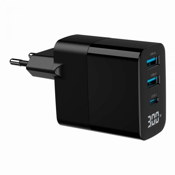 Cargador Rapido Usb Gembird Gan De 3 Puertos Y 30 W, Lcd, Ne