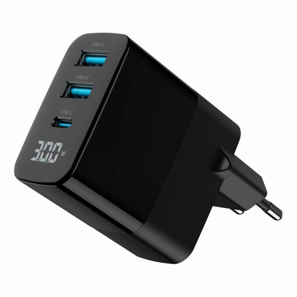 Cargador Rapido Usb Gembird Gan De 3 Puertos Y 30 W, Lcd, Ne