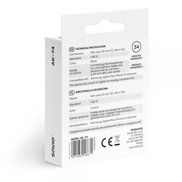 Adaptador Usb-c A Jack 3.5 Mm Savio Ak-74