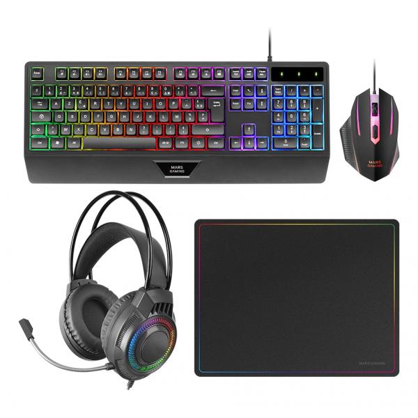 Teclado Mouse Headset Y Alfombrilla Mars Gaming Mcp124proes H-mech Rgb 3200dpi Negro Hover Image