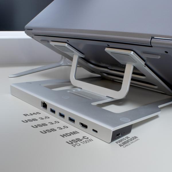 Soporte de portatil coolbox con dock 1xhdmi 4k 30hz 1xusb-c pd 100w 3xusb-a 1xrj45