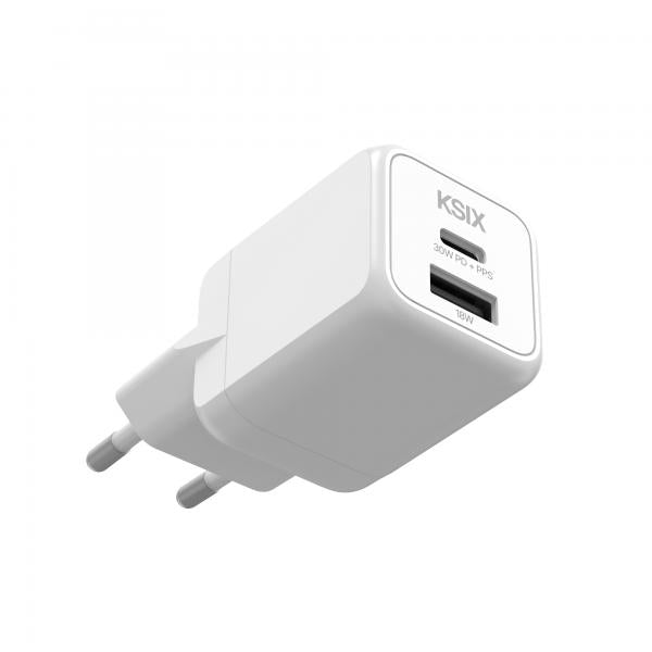 Ksix Bcd30ganacb Blanco / Cargador De Red Eléctrica 30w / 1 X Usb-c + 1 X Usb-a