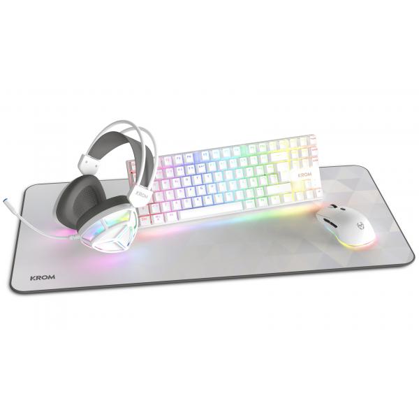 Pack Gaming con Cable KROM Klass TKL Layout - Teclado  Ratón ptico  Auriculares con Micrófono  Alfombrilla  Retroiluminado Blanco