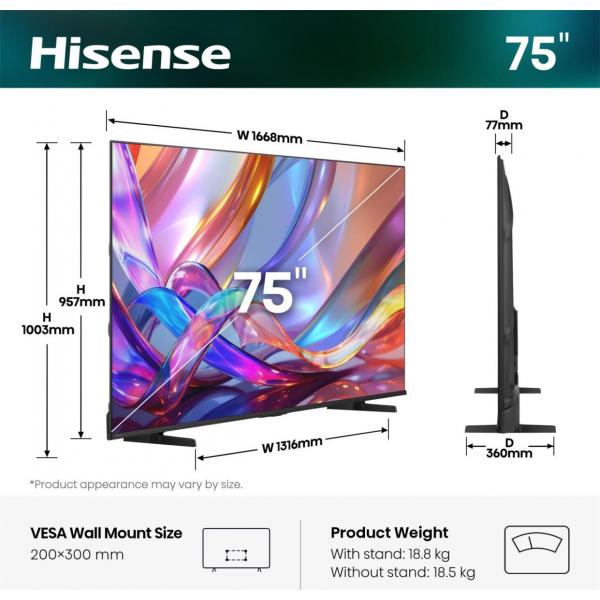 Hisense 75E7S 189 cm (75") 4K Ultra HD Smart TV Wifi Negro 300 cd / m
