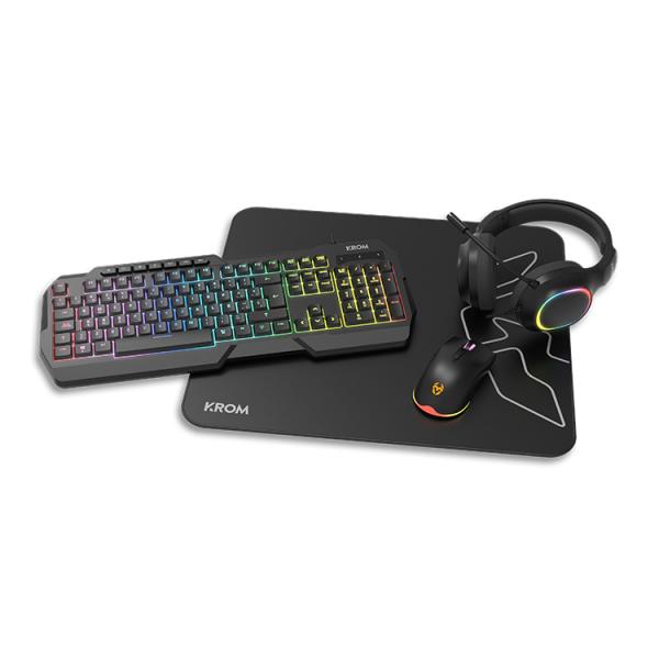 Pack Gaming con Cable KROM Kenta - Teclado Membrana  Ratón ptico  Auriculares con Micrófono  Alfombrilla  Retroiluminado Negro