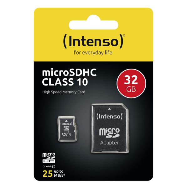 Intenso Microsd 32gb Negro/ Tarjeta De Memoria Microsd, Categoría 10 C/adpatador, 20/12mb/s