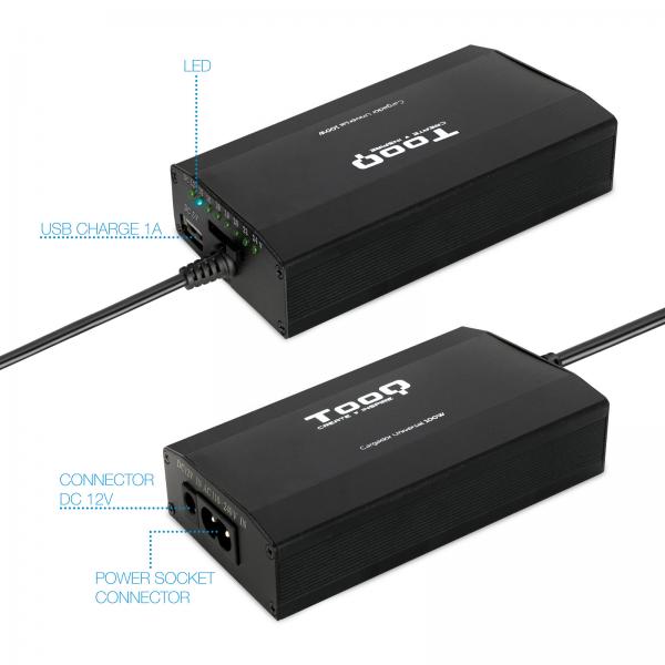 Cargador Universal De Portatil Tooq Tqlc-100bs01m 100w 12 Conectores Puerto Usb