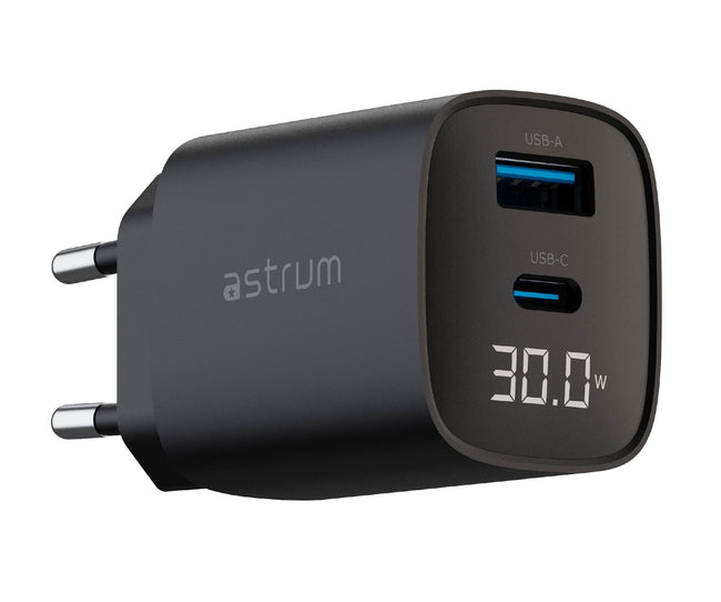 Astrum Watz30l Negro / Adaptador De Corriente Con Pantalla Led Integrada / 20w / Usb-a + Usb-c / Pd Gan Hover Image