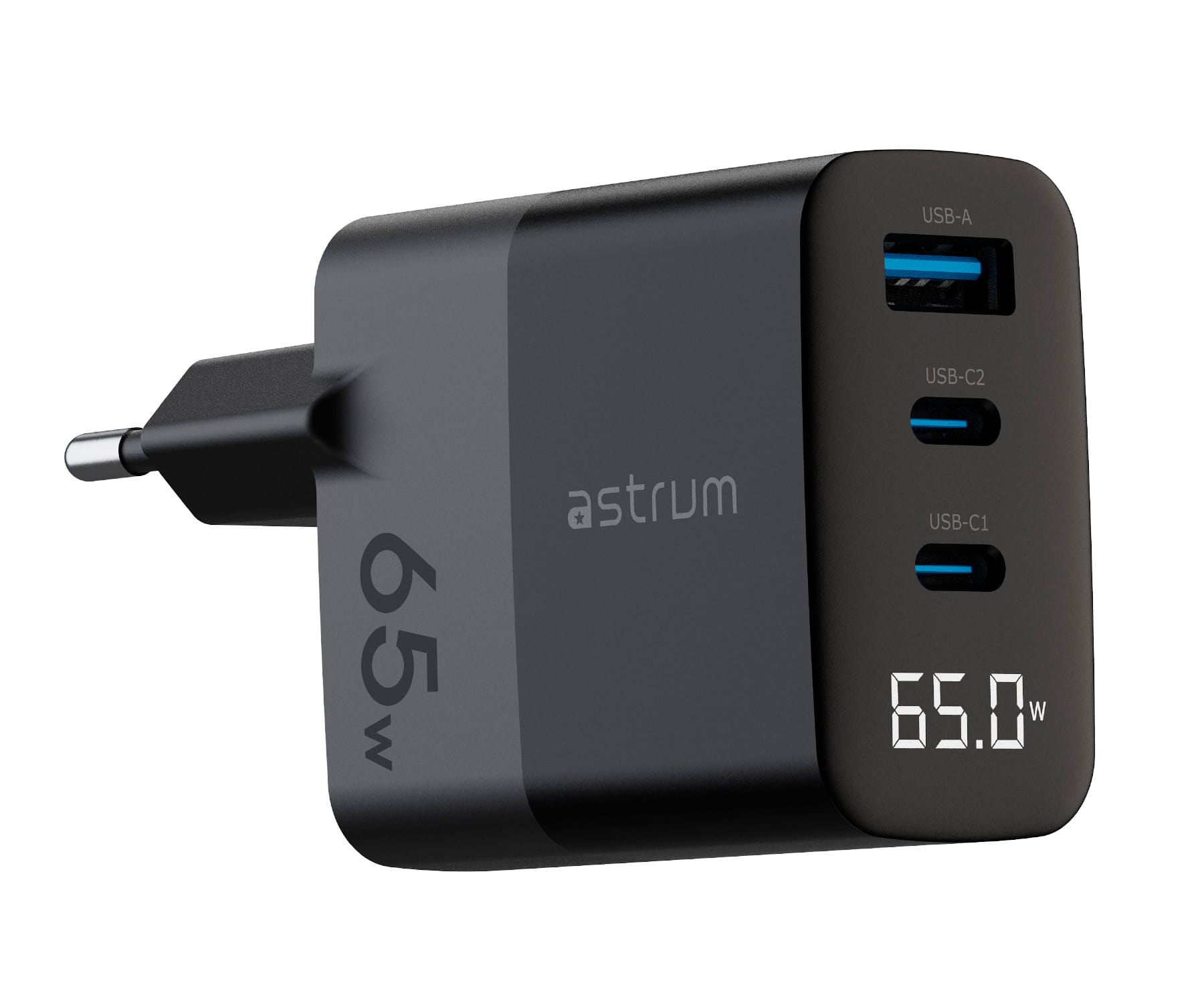 Astrum Watz 65g Negro / Adaptador De Corriente Con Pantalla Led Integrada / 65w / 1 Puerto Usb-a Y 2 Puertos Usb-c