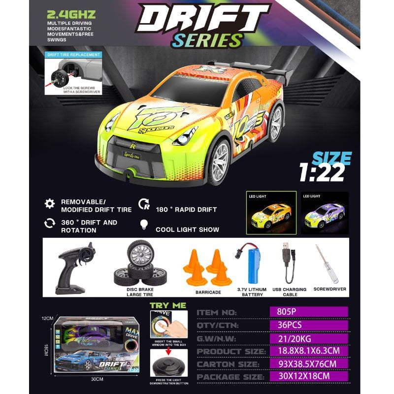 805P 1/22 4WD Drift Amarillo - Coche RC Eléctrico