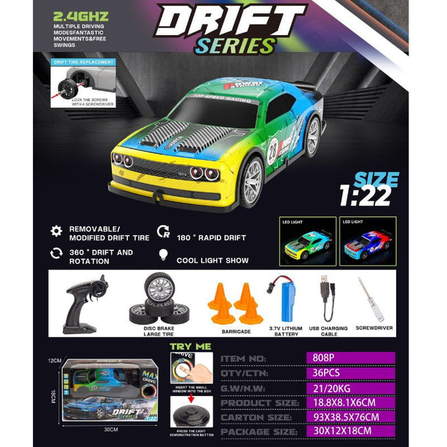 808P 1/22 4WD Drift Amarillo Azul - Coche RC Eléctrico Main Image