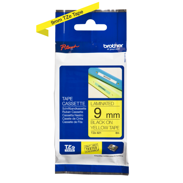 Cinta Laminada Brother Tze621 9mm X 8m Negro Sobre Fondo Amarillo