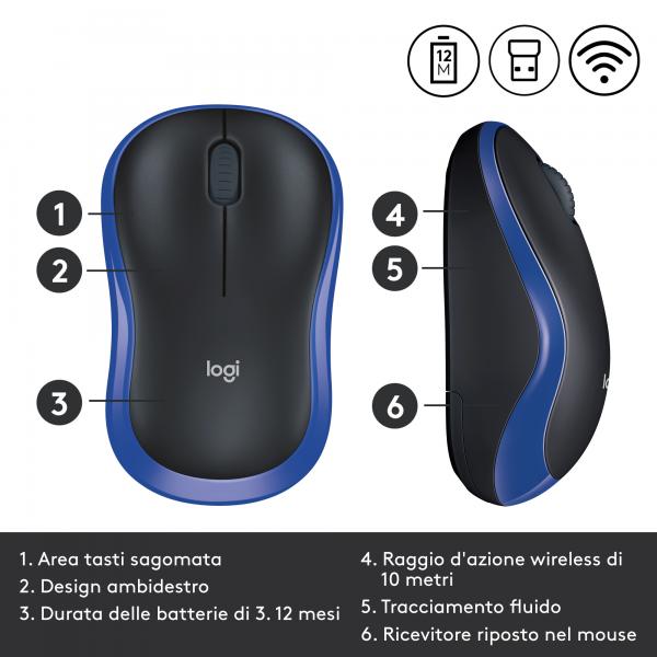 Ratón Inalámbrico LOGITECH M185 910-002236 - USB  1000DPI  Negro/Azul