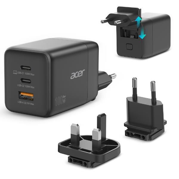 Cargador De Pared Acer 100w 2x Usb Tipo C 1x Usb Tipo A