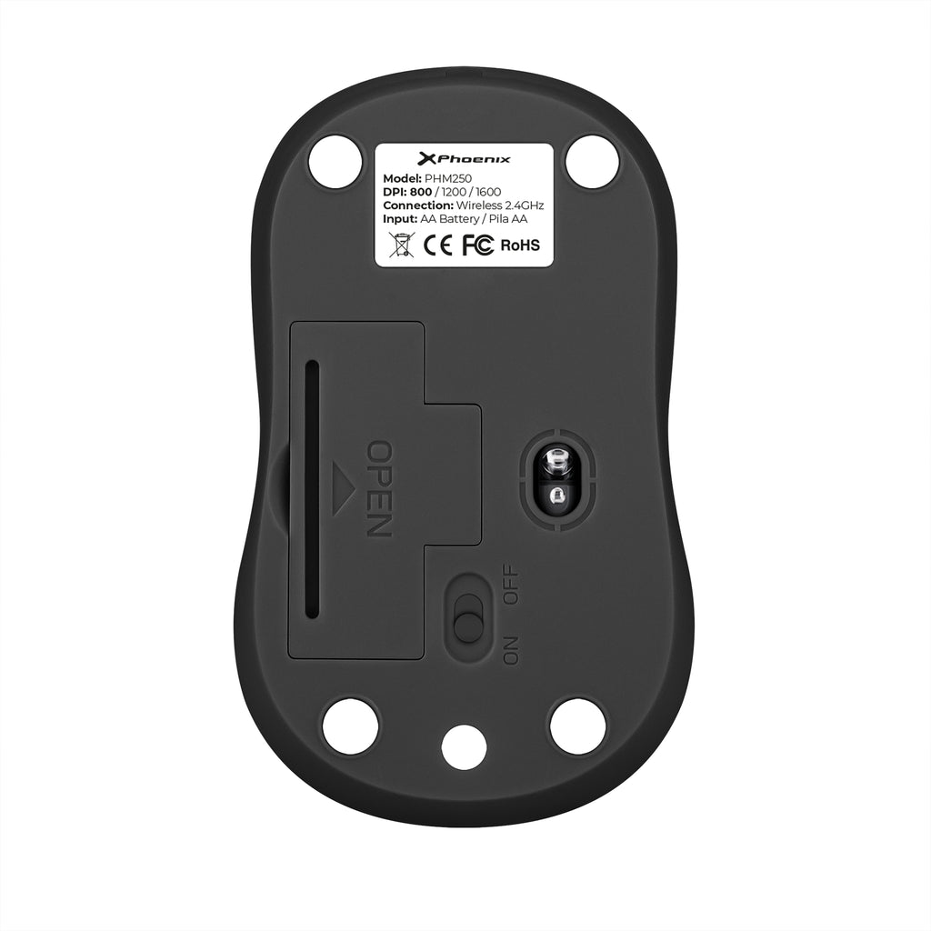 Phoenix M250 Ratón Inalámbrico 2.4 Ghz Receptor Usb Hasta 1600 Dpi Compatible Con Pc Mac Portátil Color Negro