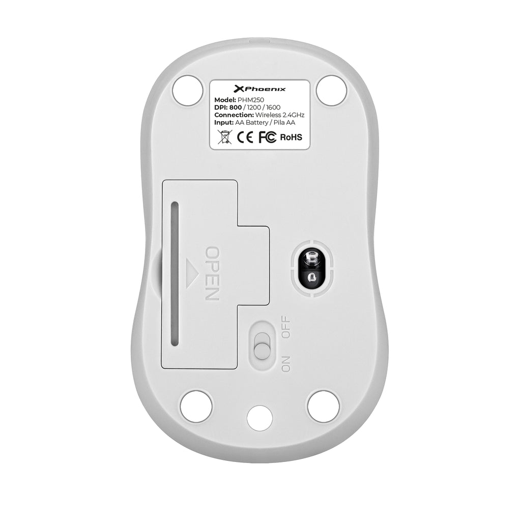 Phoenix M250 Ratón Inalámbrico 2.4 Ghz Receptor Usb Hasta 1600 Dpi Compatible Con Pc Mac Portátil Color Blanco