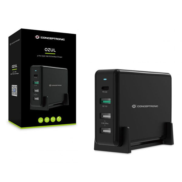 Cargador Conceptronic Ozul01b Carga Rapida Pd 3 X Usb Tipo A - 1 X Usb Tipo C - 65w