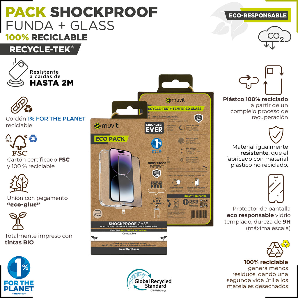 Funda Muvit Shockproof 2m Para Apple Iphone 15 Pro Max Transparente + Protector Pantalla Cristal Templado Marco Negro