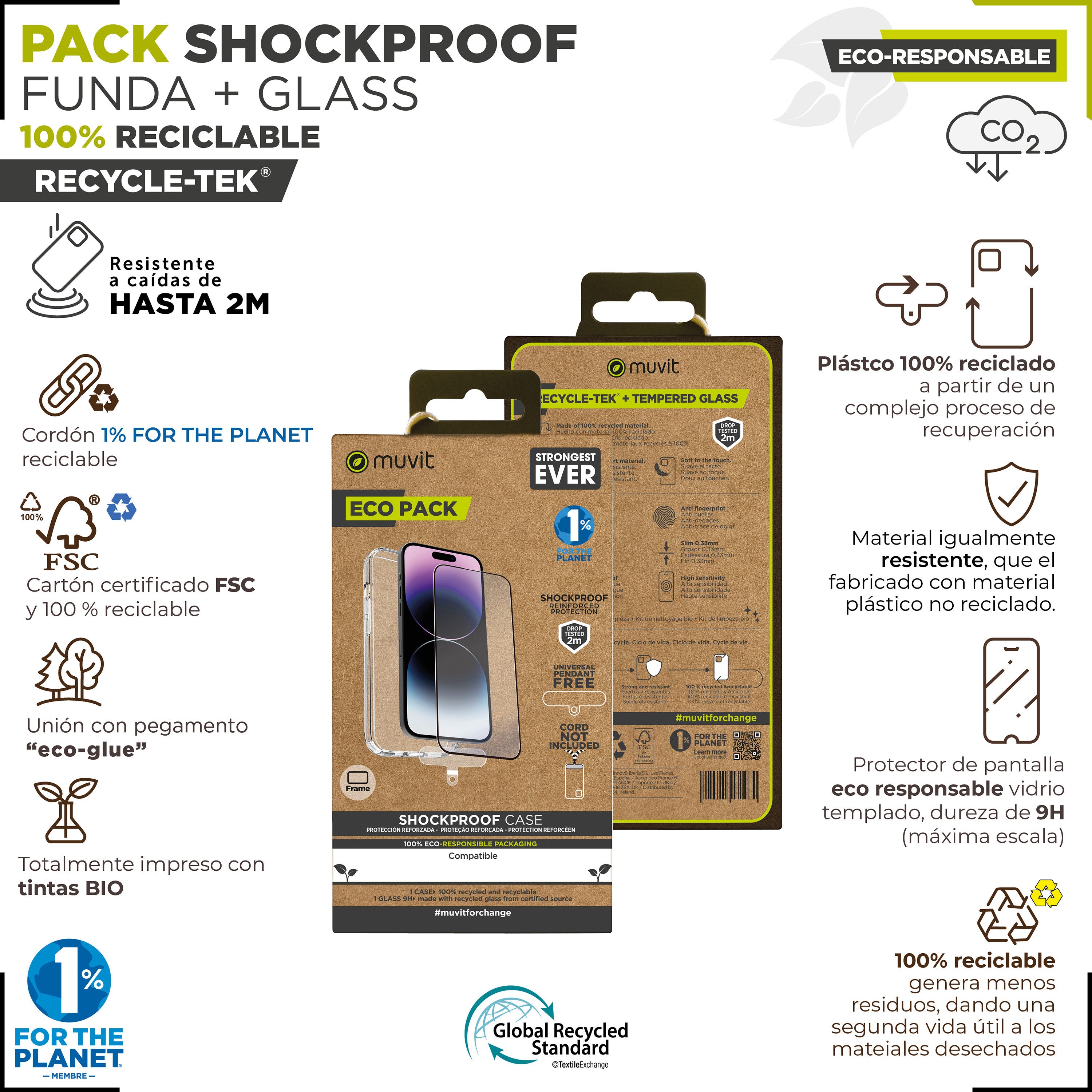 Funda Muvit Shockproof 2m Para Apple Iphone 15 Pro Max Transparente + Protector Pantalla Cristal Templado Marco Negro