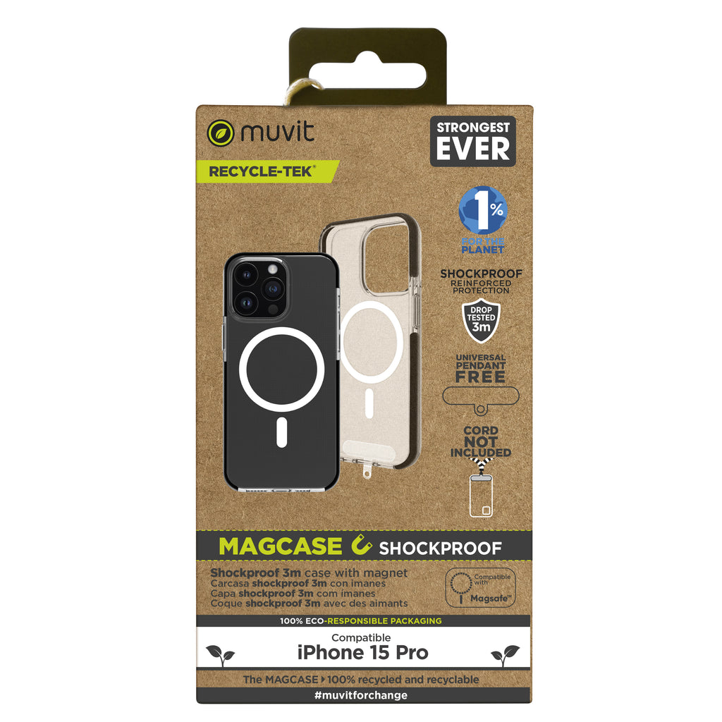 Funda Muvit Recycletek Magsafe Shockproof 3m Para Apple Iphone 15 Pro Transparente - Negra