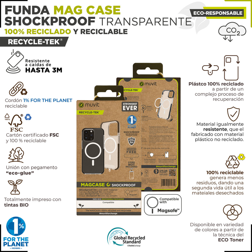 Funda Muvit Recycletek Magsafe Shockproof 3m Para Apple Iphone 15 Pro Transparente - Negra