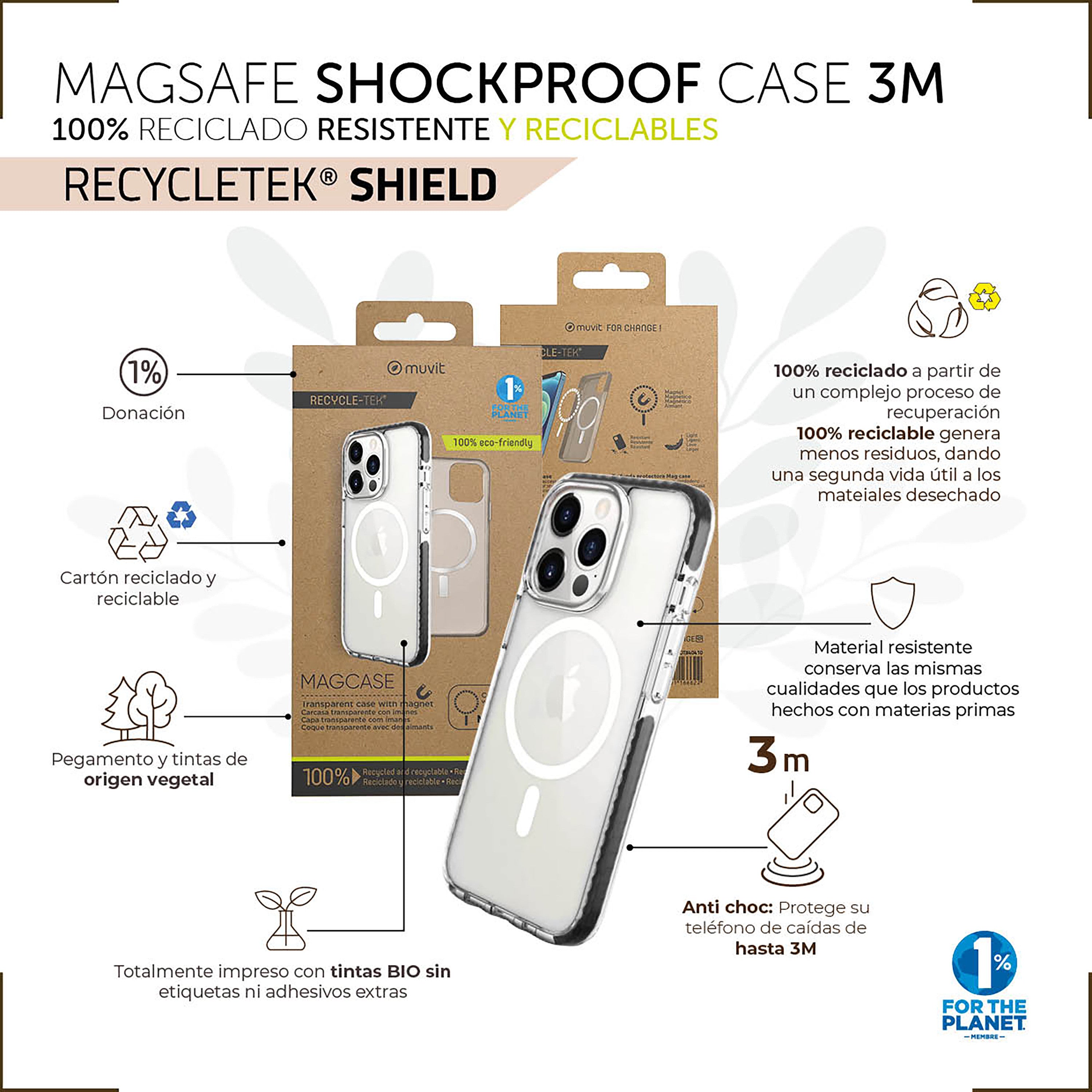 Funda Muvit Recycletek Magsafe Shockproof 3m Para Apple Iphone 14 Pro Max Transparente - Negra