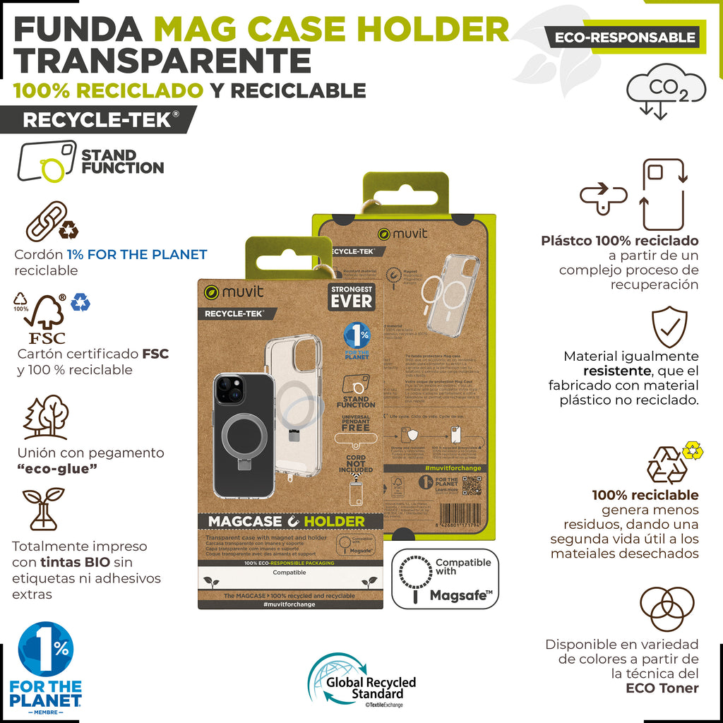 Funda Muvit Recycletek Magsafe + Soporte Para Iphone 15 Transparente