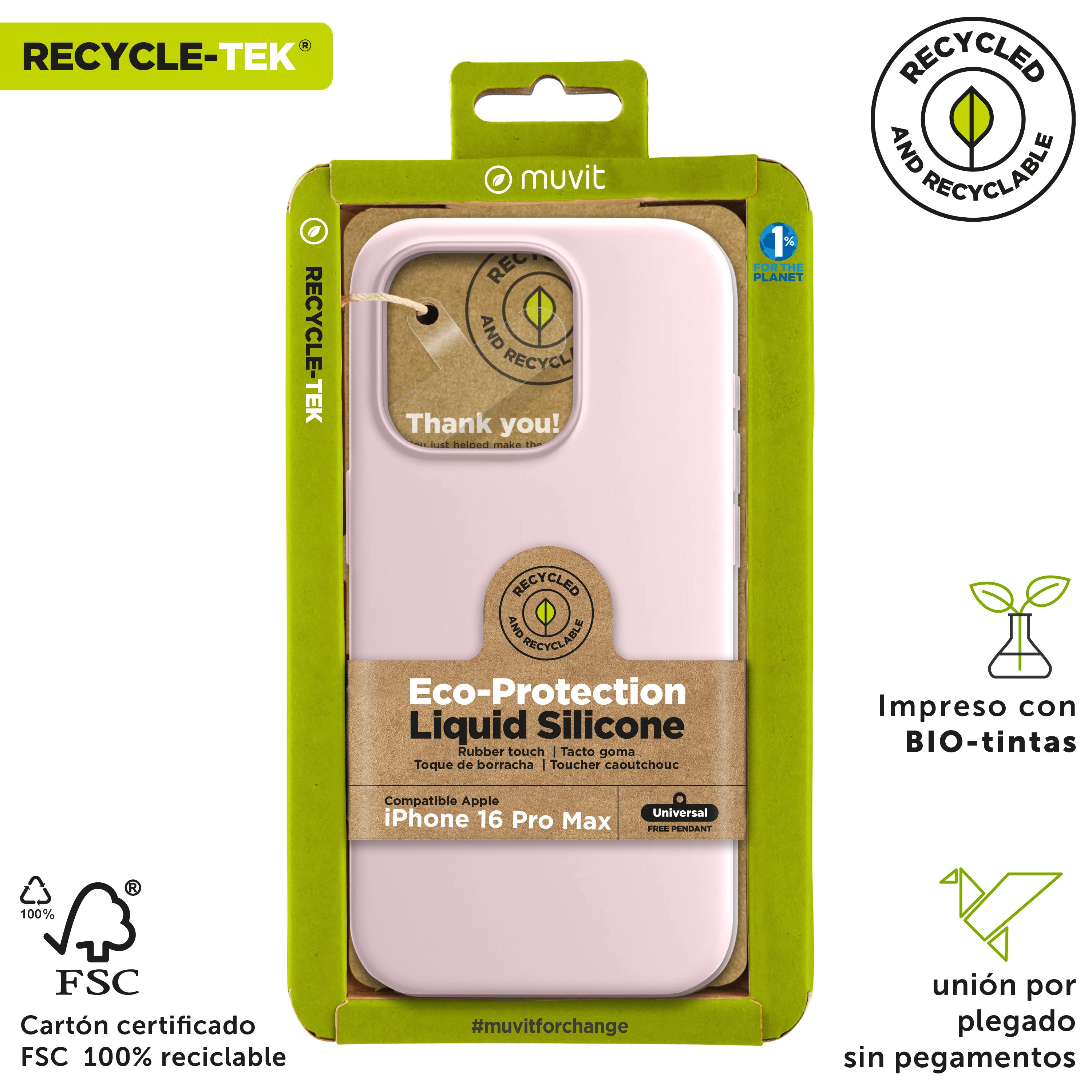 Funda Muvit Recycletek Liquid Silicone Para Apple Iphone 16 Pro Max Rosa