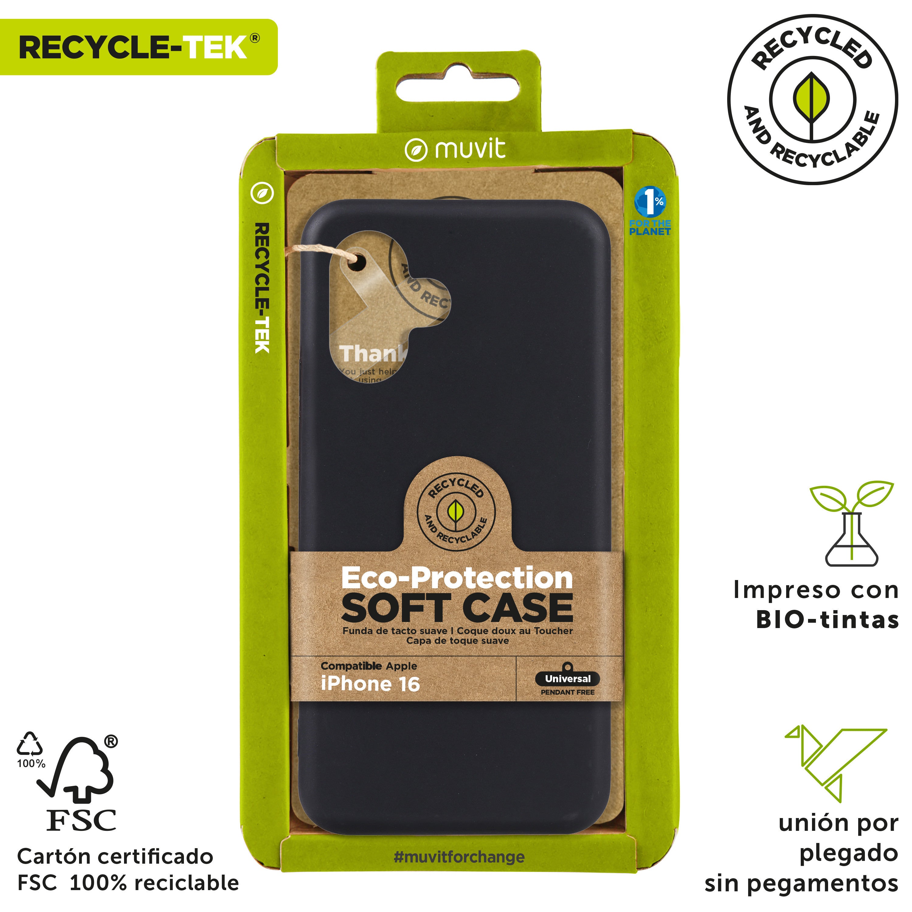 Funda Muvit Recycletek Para Apple Iphone 16 Negra