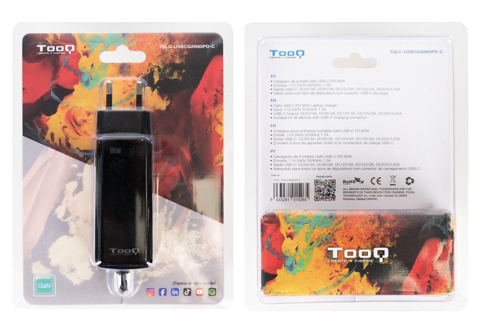 Cargador De Pared Tooq Tqlc - Usbcgan65pd - C 65w Gan Usb Tipo C Negro