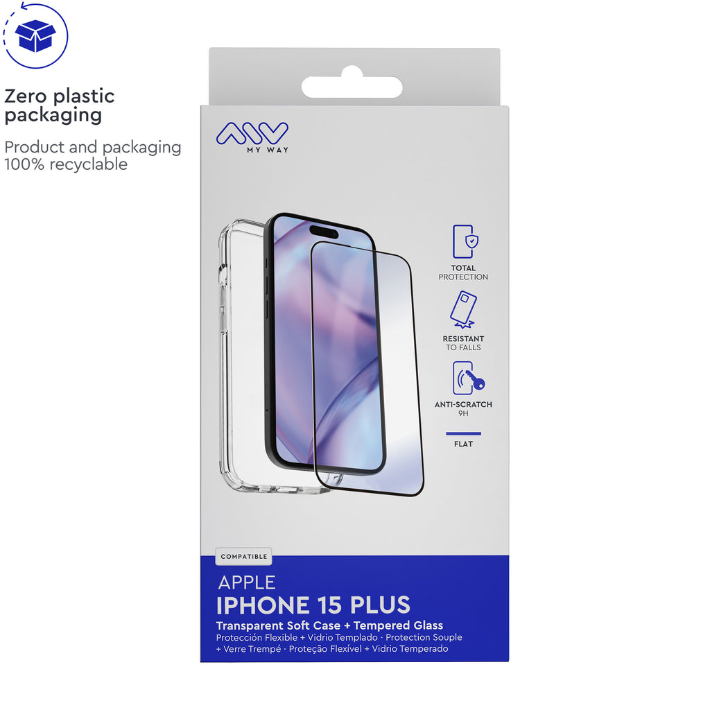 Carcasa Myway Para Apple Iphone 15 Plus Transparente + Protector Pantalla Cristal Templado