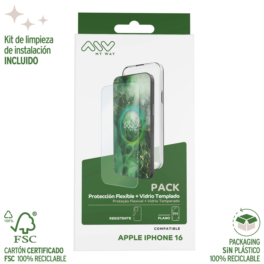 Carcasa Myway Para Apple Iphone 16 Transparente + Protector Pantalla Cristal Templado
