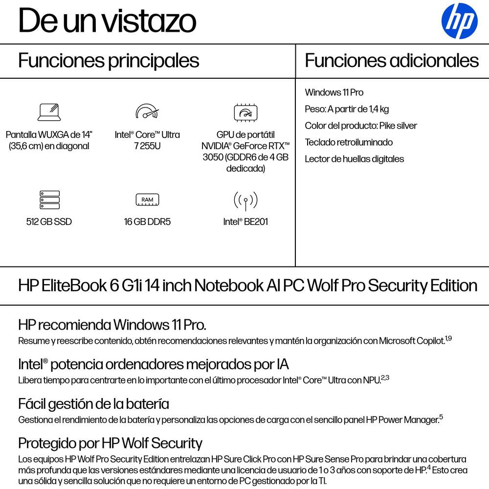Portatil Hp Elitebook 6 G1i U7 - 255u - 16gb - Ssd 512gb - 14 Pulgadas - W11p