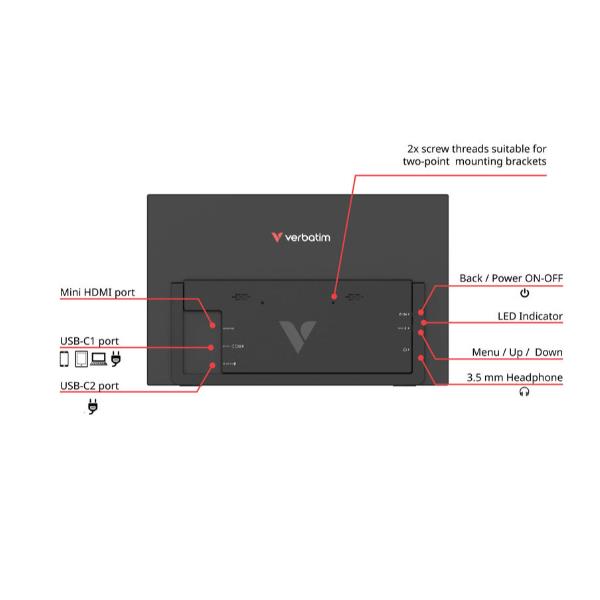 Monitor Led Portatil 15.6 Pulgadas Verbatim Ips - Fhd - Hdmi - 60hz - 10ms - Vesa 75x75 - Tactil
