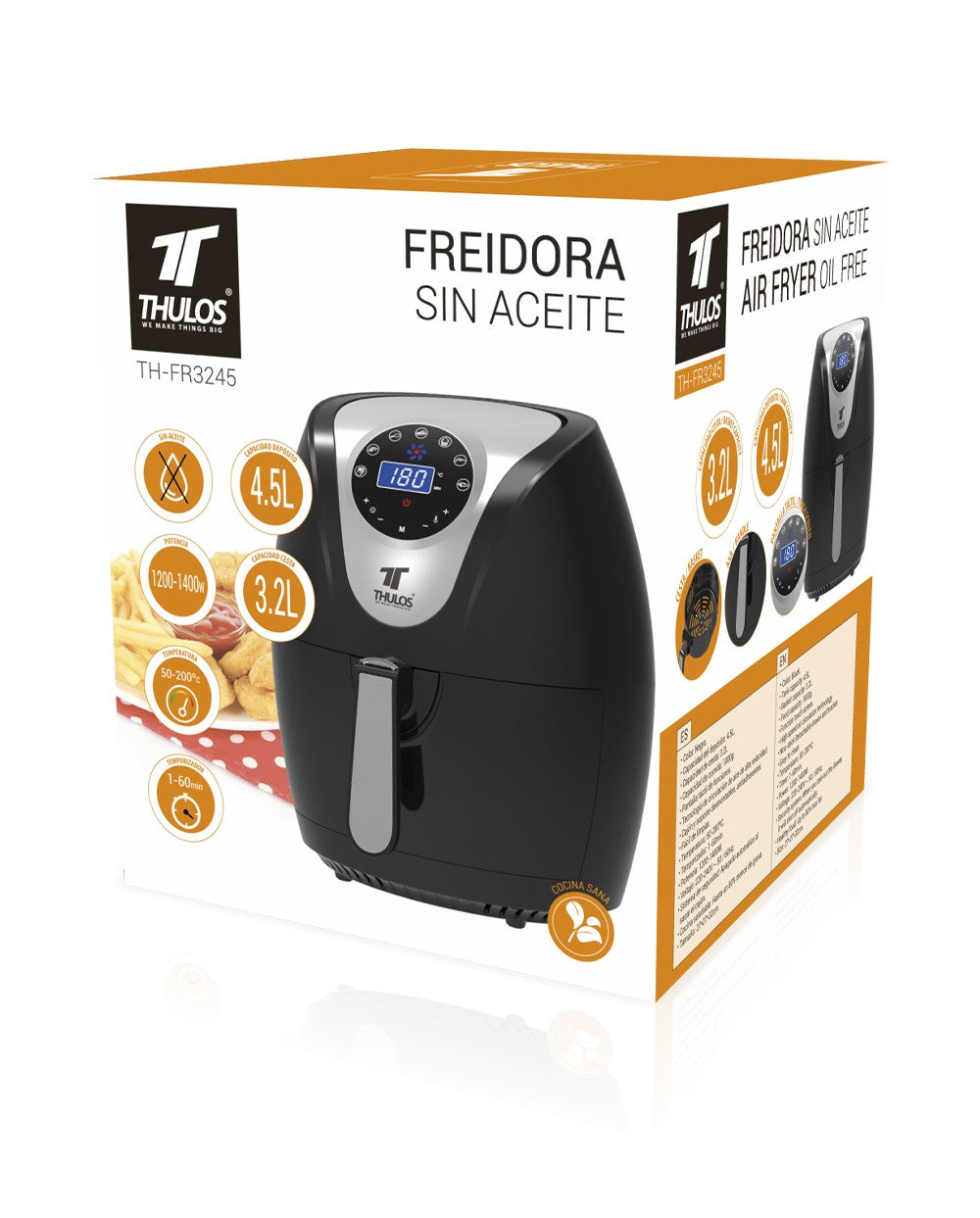 Freidora De Aire Airfryer Sin Aceite Thulos Th - Fr3245 1400w 4.5l Con Cesta 3.2l