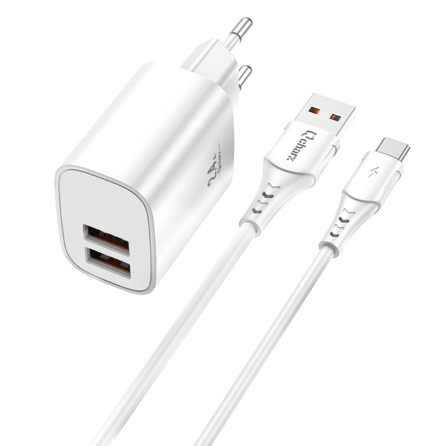 Kit Cargador Qcharx Apolo 24a 12w + Cable Usb A Tipo C Blanco Hover Image