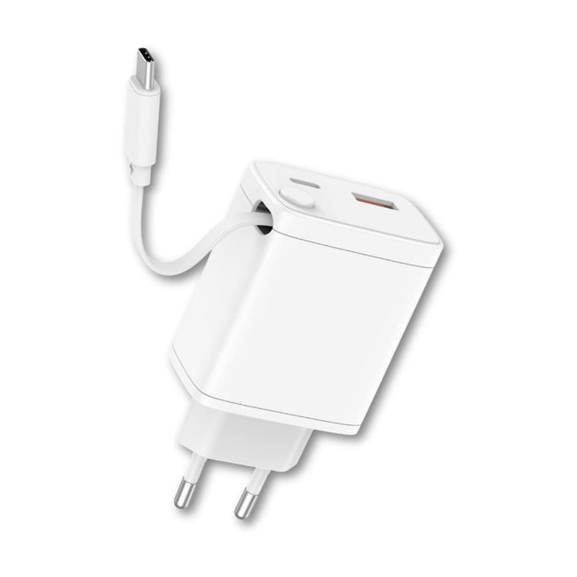Cargador Qcharx Juno 3a 20w 2 Puertos Usb + Tipo C + Cable Tipo C Blanco Incorporado Hover Image