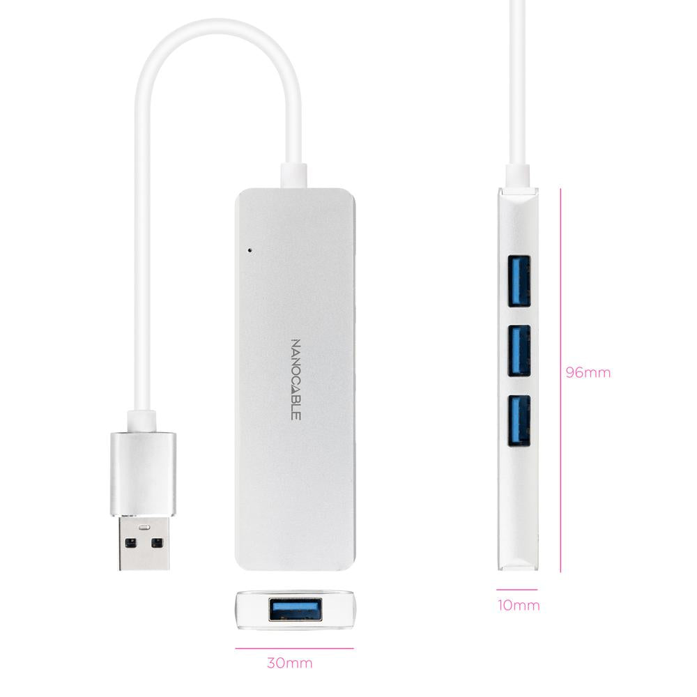 Hub Nanocable Usb - A 3.0. A 4xusb3.0 Usb - A - M - Usb 3.0 - H Aluminio Color Plata 18 Cm