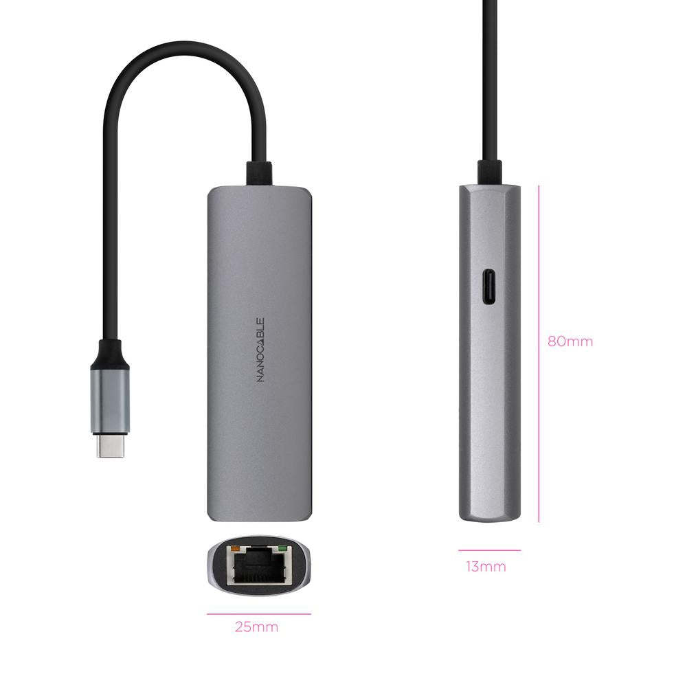 Adaptador Nanocable Usb - C 3.1 A Rj45 Con Pd 100w Usb - C - M Aluminio Color Gris 18 Cm