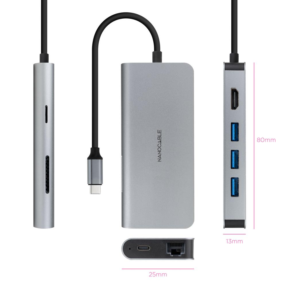 Hub Nanocable Usb - C 8 En 1 Conversor Usb - C 3.1 A 3xusb - A 3.0 + Hdmi 4k@60hz + Usb - C Pd + Rj45 1gbps + Tf + Sd Aluminio Gris 18 Cm