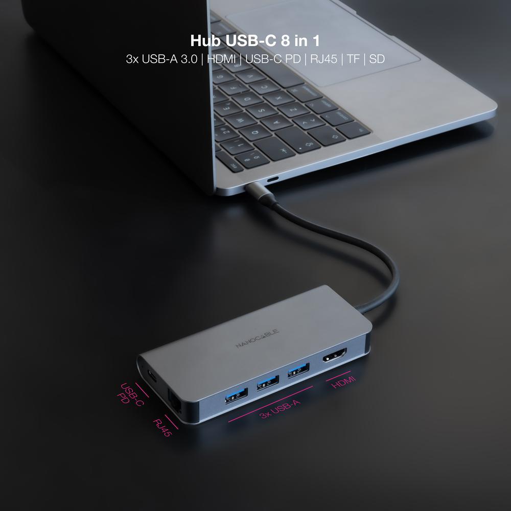 Hub Nanocable Usb - C 8 En 1 Conversor Usb - C 3.1 A 3xusb - A 3.0 + Hdmi 4k@60hz + Usb - C Pd + Rj45 1gbps + Tf + Sd Aluminio Gris 18 Cm