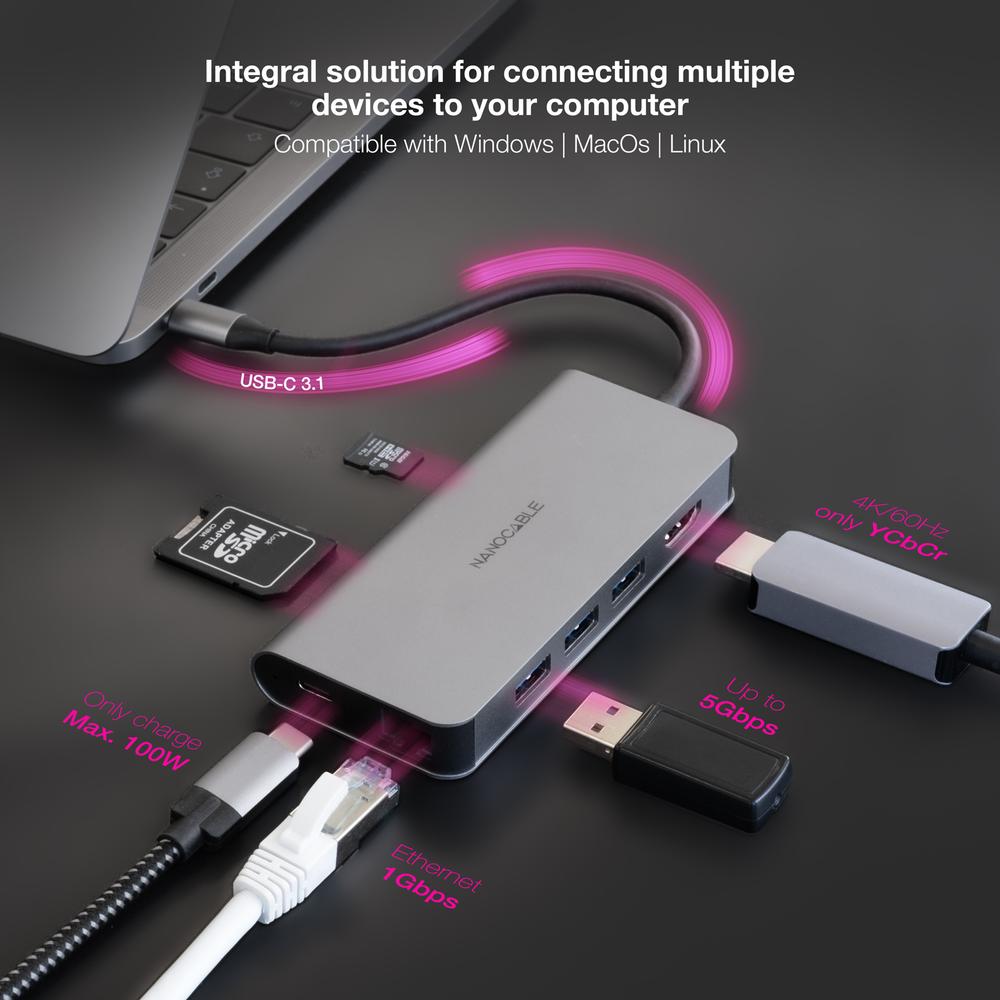 Hub Nanocable Usb - C 8 En 1 Conversor Usb - C 3.1 A 3xusb - A 3.0 + Hdmi 4k@60hz + Usb - C Pd + Rj45 1gbps + Tf + Sd Aluminio Gris 18 Cm