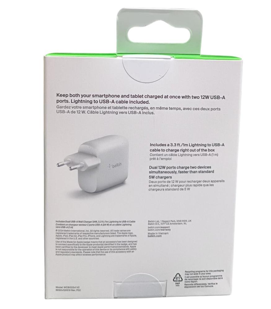 Cargador Belkin Wcd001vf1mwh 24w 2x Usb Tpo A + Cable Lightning A Usb Tipo A 1m