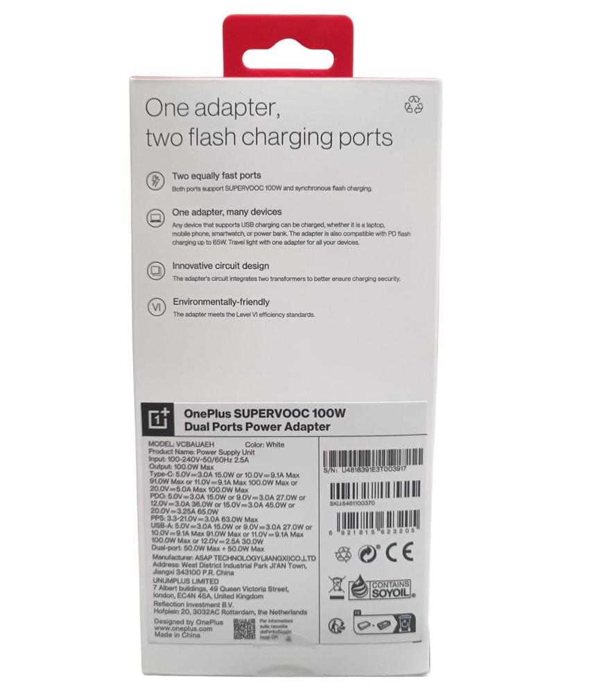 Cargador One Plus Supervoc 100w 1xusb Tipo C 1x Usb Tipo A Blanco