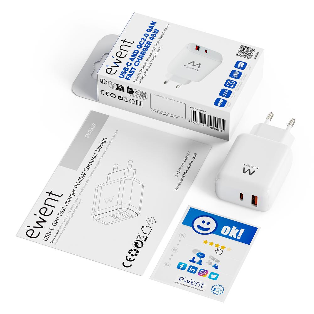 Cargador Ewent Ew1329 45w Usb Tipo A - Usb Tipo C
