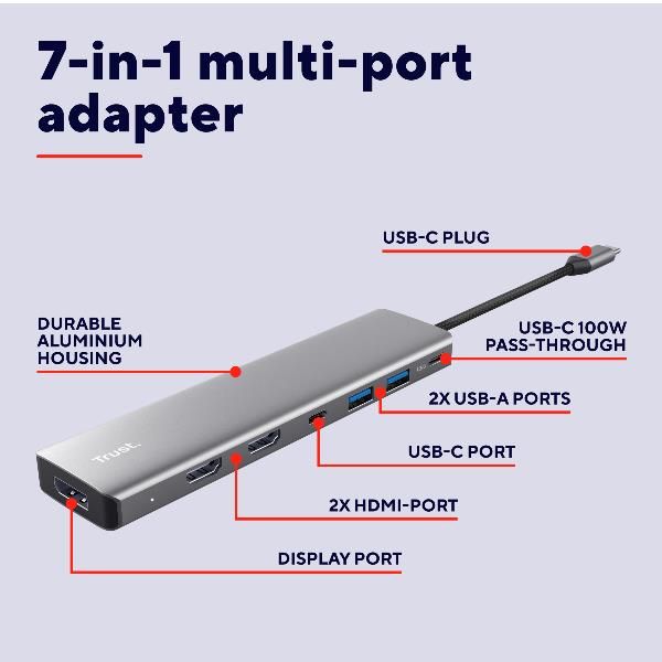 Docking USB Tipo-C Trust Dalyx/ 2xUSB/ 2xHDMI 4K/ 1xDisplayPort/ 1xUSB Tipo-C PD/ Gris