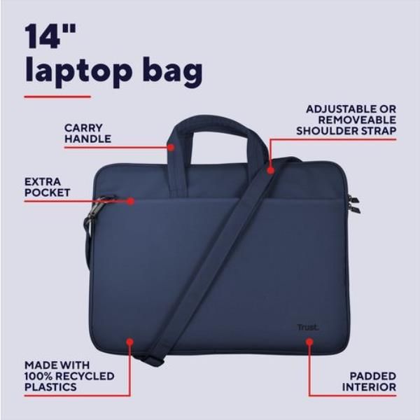Maletin De Portatil 14" Trust Bologna Slim Eco Compartimento Acolchado Bolsillo Frontal Azul